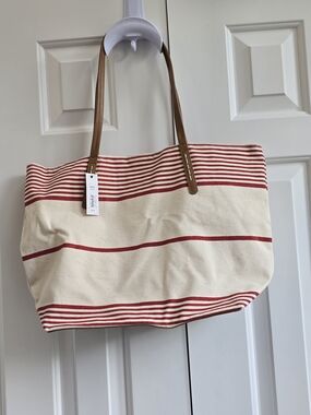 Sonoma Red and Cream Striped Canvas Tote with Tan Handles
